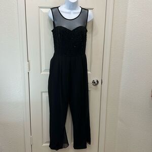 Alex B Nites Jumpsuit Romper Sz 4 Lace  Floral Sequins Sheer Scarf Legs Formal